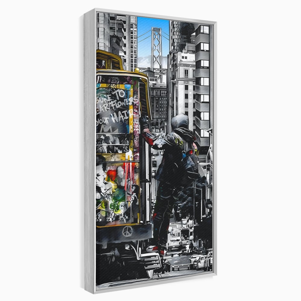 Tablou canvas cu ilustratie urbana cu un tramvai si un calator, in rama de aluminiu argintiu